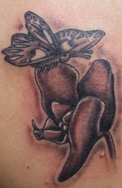 Shoulder tattoo, butterfly flying near the flower
