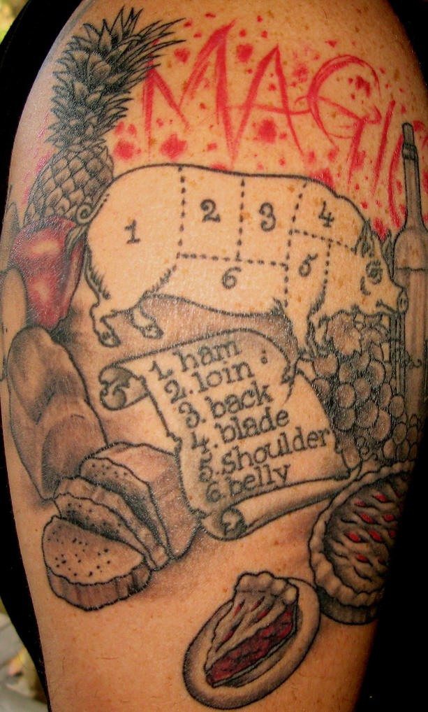 Shoulder tattoo, rich table with meals, pig, notes, bread