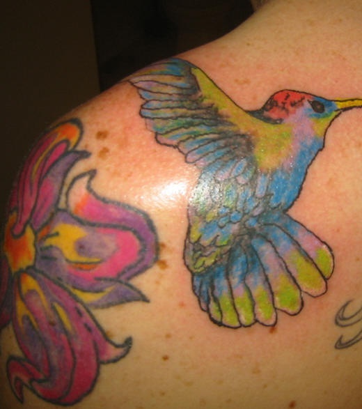 Shoulder tattoo, parti-coloured, picturesque colibri flying