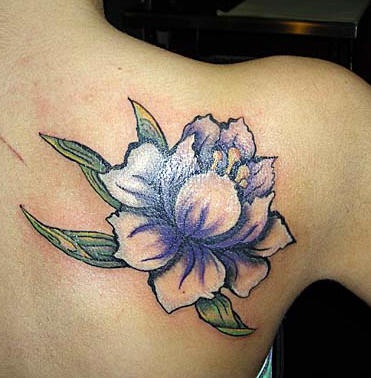 Shoulder tattoo, white and violet, beautiful flower