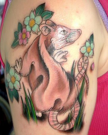 Shoulder tattoo, nice rat in the grass
