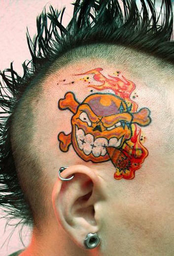 Head tattoo, smoking angry, orange skull with bones