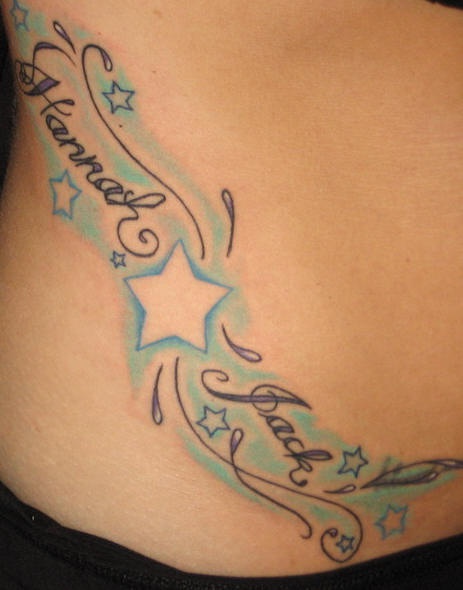 Side stomach tattoo, hannah, jack, styled  inscription