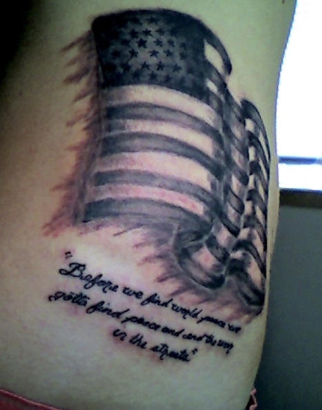 Side tattoo, usa flag and long text , peace