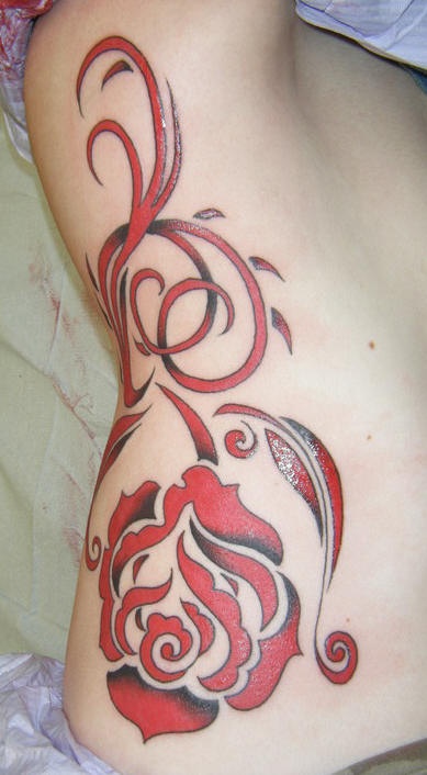 Side tattoo, big, red, beautiful, styled  rose