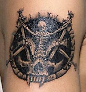 Skull and skeleton on pentagram  tattoo