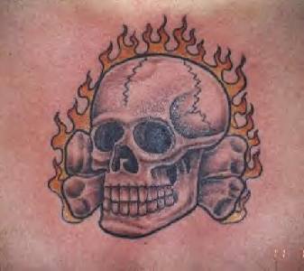Flaming skull and crossbones tattoo