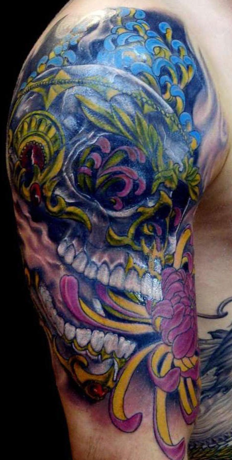 Tatuaggio colorato sul deltoide il teschio rabescato