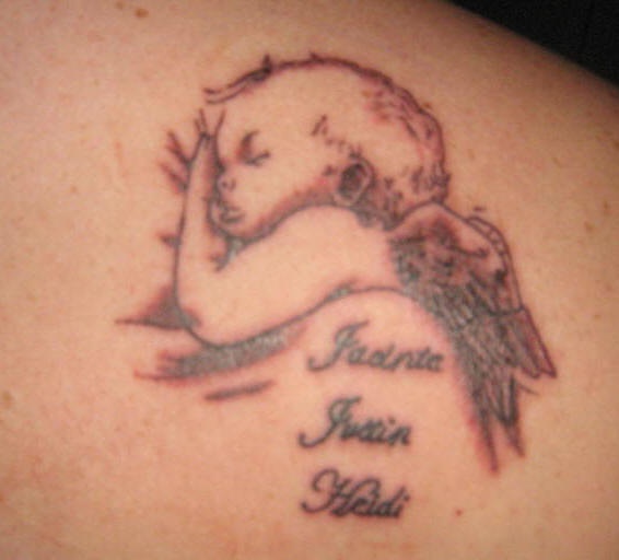Sleeping cherub black ink tattoo