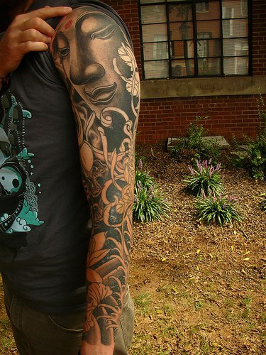 Black ink buddha sleeve tattoo