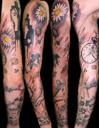 Flower and war sleeve tattoo