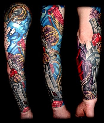 Colourful biomechanical sleeve tattoo