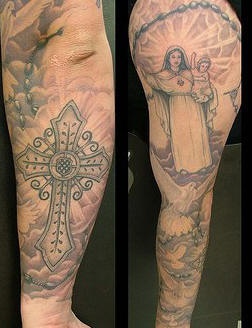 Angel and cross sleeve tattoo