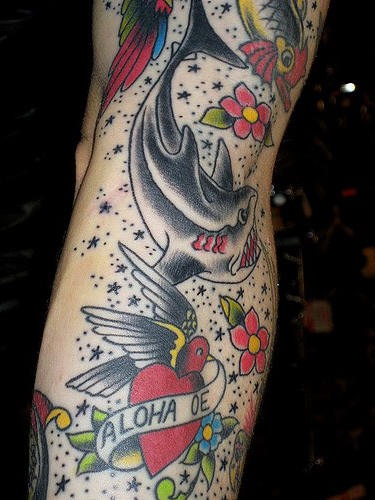 Tatuaje en color delfín y otros elementos