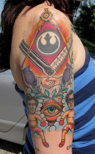 Mason symbolism sleeve tattoo