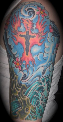 Human resurrection metaphor sleeve tattoo