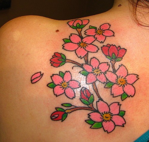 Small pink flowers and blossom tattoo