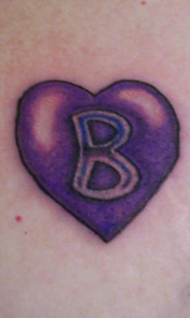 Letter b in purple heart tattoo