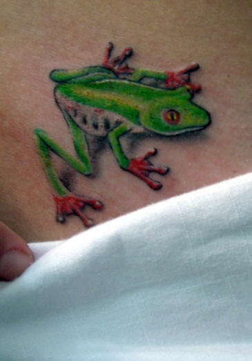 Small realistic green frog tattoo