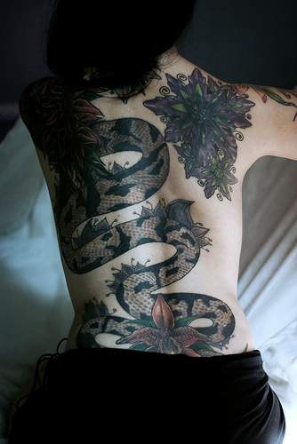 Snake and flowers full back tattoo