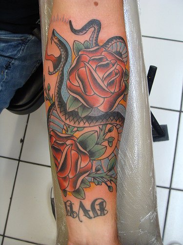 Tatuaggio colorato il serpente e le rose