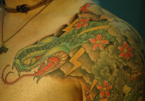 Tatuaggio colorato il serpente aggressivo & i fiori