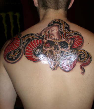 Colourful snake and skull tattoo