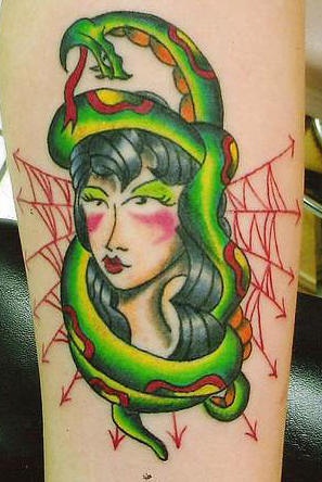 Snake on girl classic tattoo