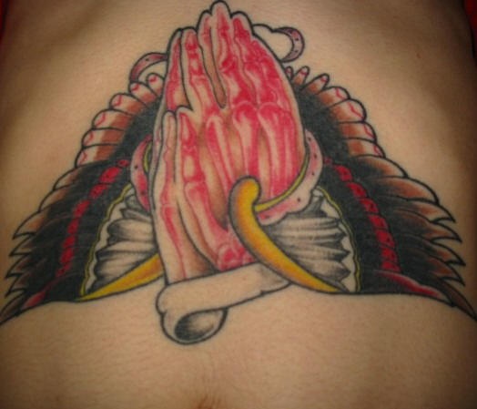 Stomach tattoo, praying, bloody hands, indian feathers