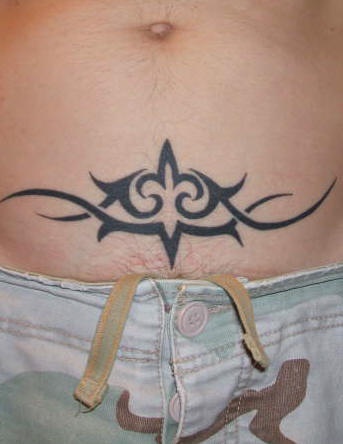 Stomach tattoo, black, curled, styled  pattern
