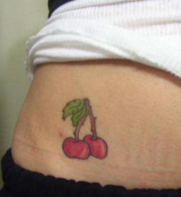 Stomach tattoo, two,colourful, juicy cherries