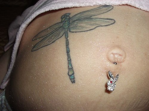 Stomach tattoo, big, blue dragonfly