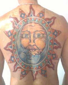 Full back sun and moon symbol tattoo in colour