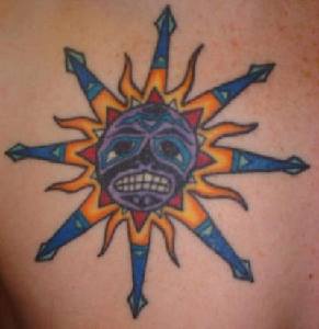 Coloured sun of war tattoo