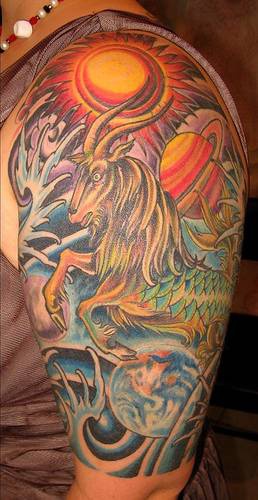 Capricorn in space tattoo in colour