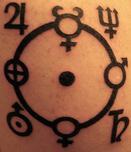 Tatuaje con símbolos astrológicos en tinta negra