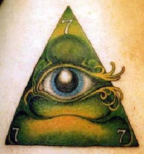 Green pyramid with eye tattoo