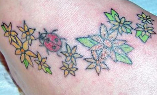 colorato tatuaggio coccinella e fiori