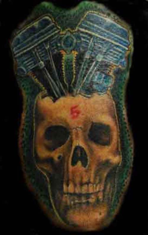 Car engine and skull artwork tattoo