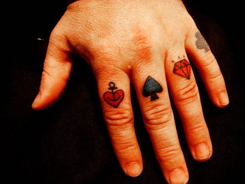 Tattoo mit stilisierten Spilkartenzeichen an Fingerknöcheln
