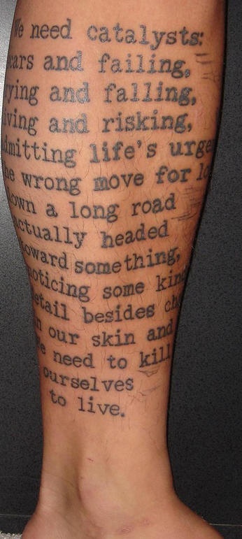 Leg tattoo, long text about life