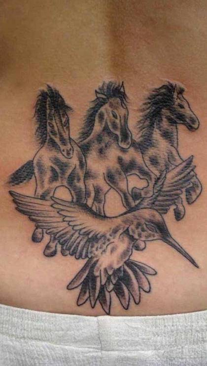 Three horses and hummingbird tattoo