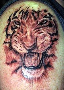Gran tatuaje con cabeza del tigre rugiendo