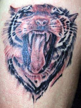 tatuaje con muy realístico tigre rugiendo