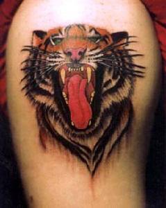 Muy realístico tatuaje de cabeza del tigre rugiendo