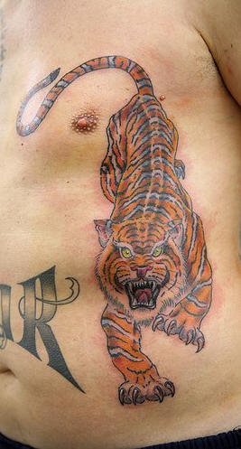Tiger kriecht an dickem Bauch Tattoo
