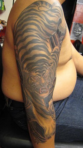 Muy realístico tatuaje del tigre rugiendo en la manga entera