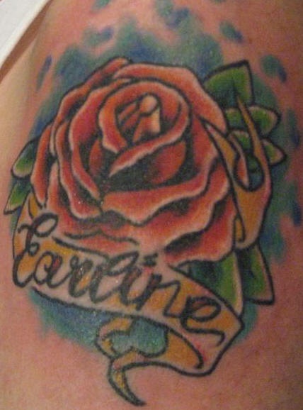Traditional style rose with name tattoo