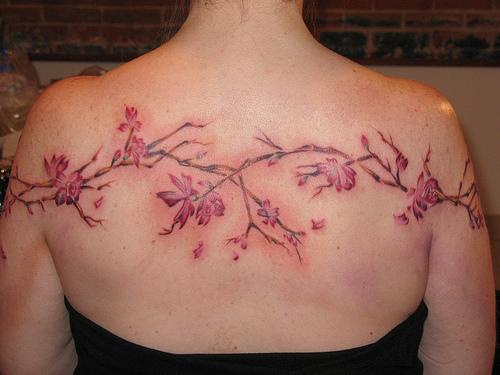 el tatuaje de la rama con flores de color rosa hecho en la espalda