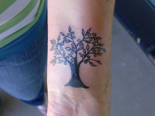 Tatouage sur le poignet avec un joli arbre noir
